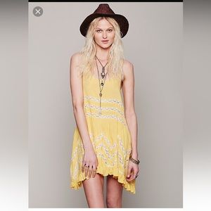 Free People Voile & Lace Trapeze Slip Dress Yellow Size Large